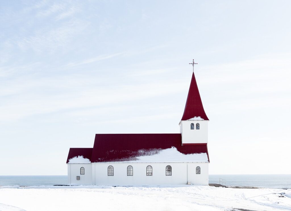 church, snow, facade